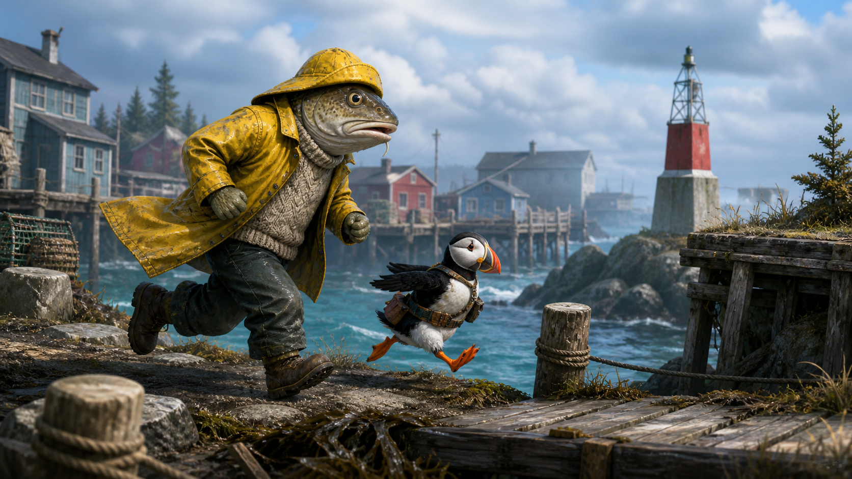 Cod B'y and Puffy running across a rugged Atlantic shoreline game world.