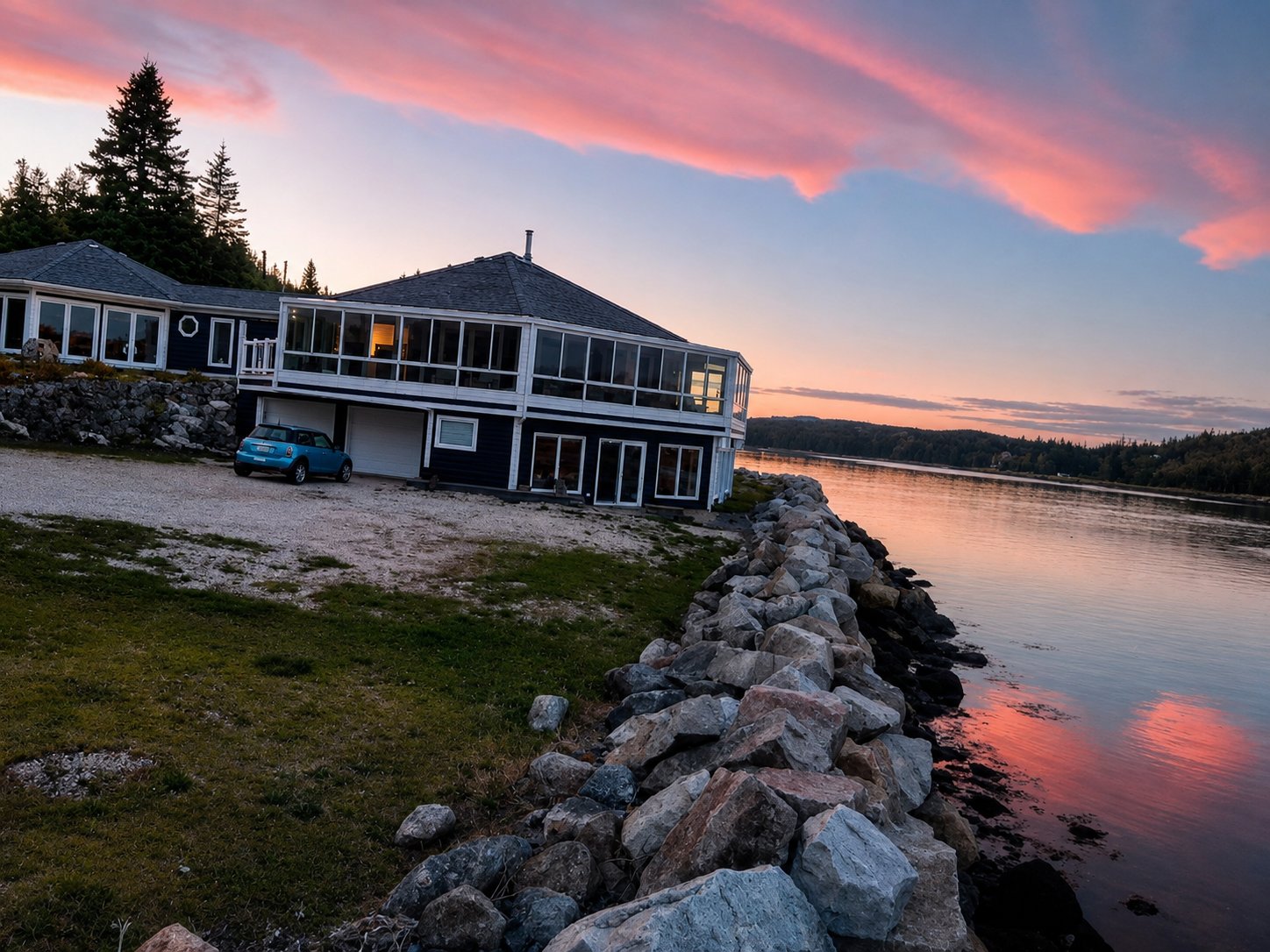The Land Yacht on St. Margaret's Bay at dusk, with ACU character Marmalade working at the shoreline.